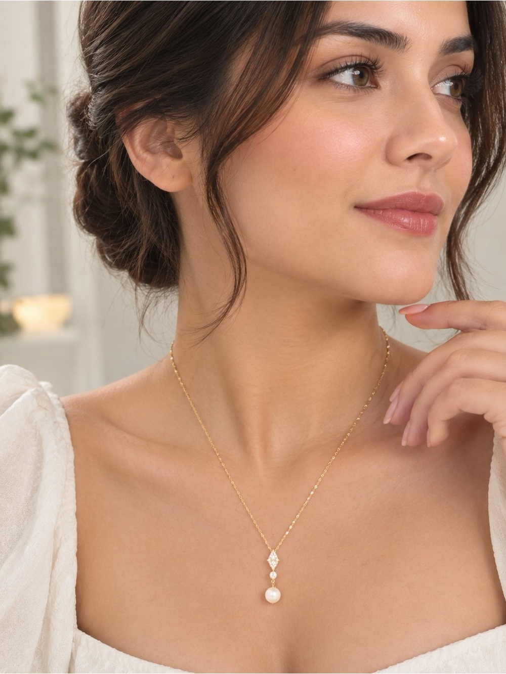 Gold Plated Necklace, Marquise CZ Pearl Charm, Delicate Layering Gift